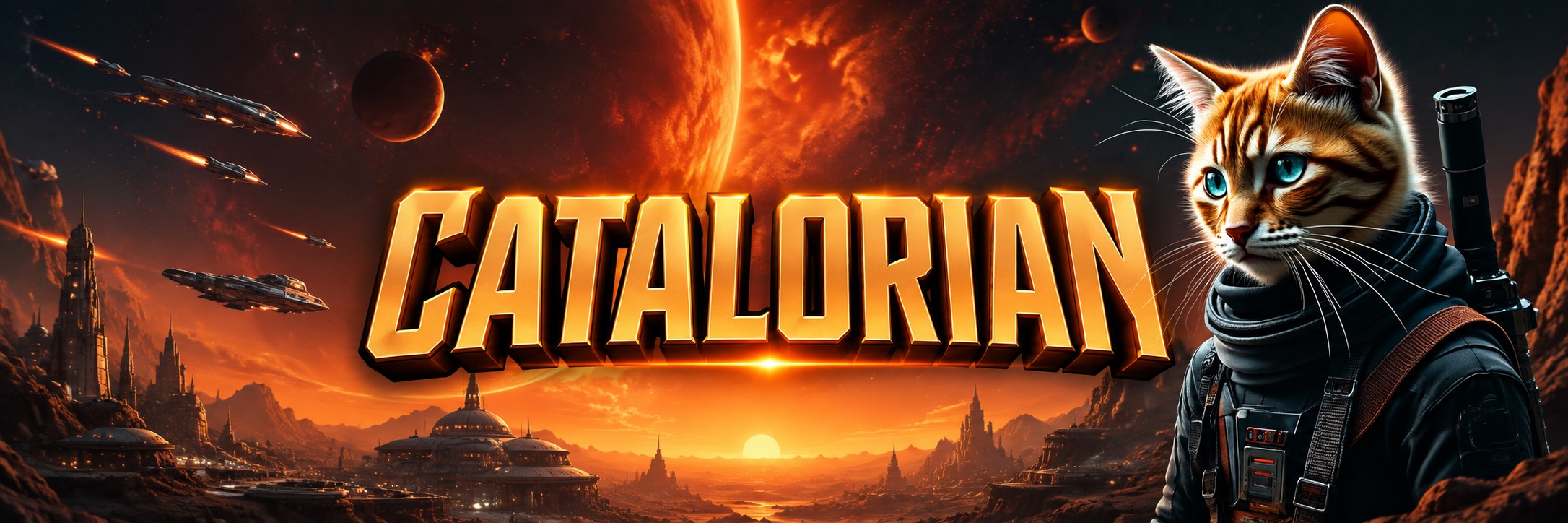 Catalorian standing on an alien world beneath a burning sky